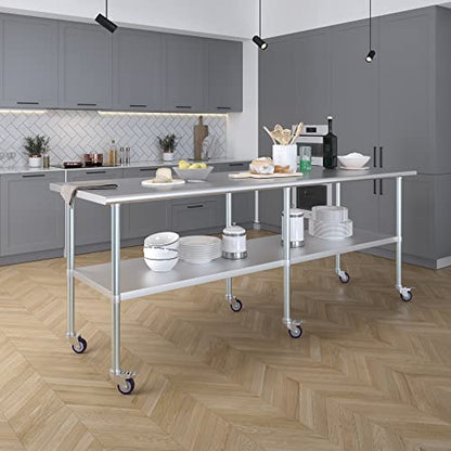 AmGood 96" Long x 36" Deep Stainless Steel Table with Casters - size: 96" Long x 36" Deep