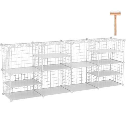 C&AHOME Wire Cube Storage Unit, Interlocking Metal Wire Organizer with Divider Design, Modular Cabinet with Plastic Panels, Bookshelf Stackable Closet Organizer with Small Hooks, White UWCSIM08W - color: White