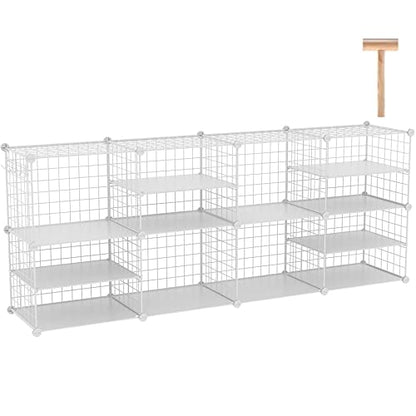 C&AHOME Wire Cube Storage Unit, Interlocking Metal Wire Organizer with Divider Design, Modular Cabinet with Plastic Panels, Bookshelf Stackable Closet Organizer with Small Hooks, White UWCSIM08W - color: White