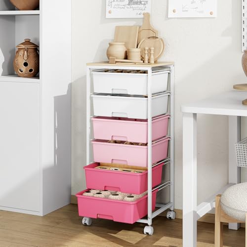 Rolling Storage Cart with 6 Drawers and Wooden Tabletop, Lockable Wheels Utility Cart for Art Studios, Office Supplies & Craft Room Organization (Pink) - color: Pink