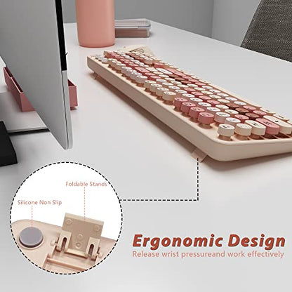 KOOTOP Wireless Keyboard and Mouse, Cute Keyboard and Mouse Combo with Retro Round Keycap, 2.4G Connectivity for PC, Mac, Laptop, Computer Windows (Milk Tea) - color: 3 Milk Tea