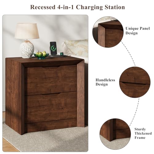 YANSNWO Walnut Nightstand with Charging Station, 23.6" Modern Bedside Table with Thickened Frame & Unique Panel, Mid Century Wood End Table for Bedroom, Living Room - color: Walnut, size: 15.6"D x 23.6"W x 23.6"H (2 Drawers)