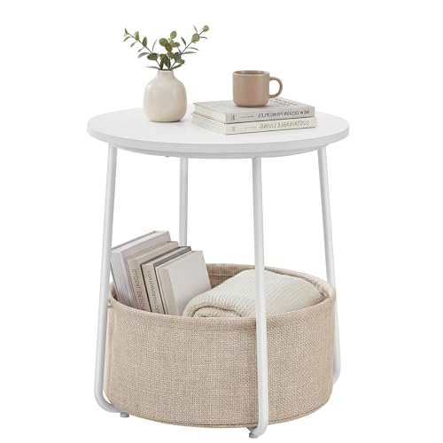 SONGMICS HOME Small Side Table, Round End Table, 2 Tier Nightstand with Basket, U Shaped Steel Legs, Easy Assembly, for Living Room, Bedroom, White and Brown - color: White + Brown, size: 1 pack