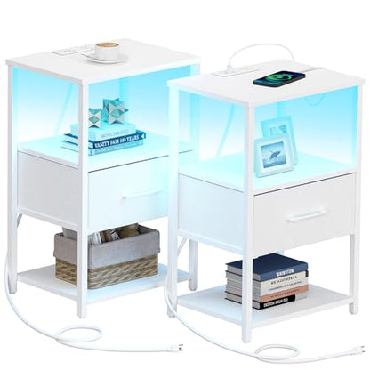 TUTOTAK LED Nightstand Set of 2, Night Stand with Charging Station, End Table, Bedside Table with Fabric Drawer, Side Table for Livingroom and Bedroom, Whtie TB01BW0692L - color: White, style: Plug&LED