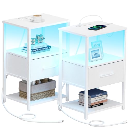TUTOTAK LED Nightstand Set of 2, Night Stand with Charging Station, End Table, Bedside Table with Fabric Drawer, Side Table for Livingroom and Bedroom, Whtie TB01BW0692L - color: White, style: Plug&LED