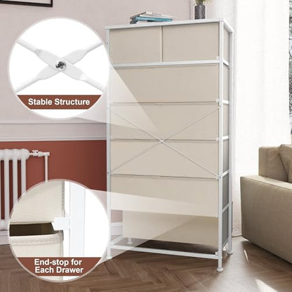 Crestlive Products Vertical Dresser Storage Tower - Sturdy Steel Frame, Wood Top, Easy Pull Fabric Bins, Wood Handles - Organizer Unit for Bedroom, Hallway, Entryway, Closets - 7 Drawers (Beige) - color: Beige, style: 7 Drawers