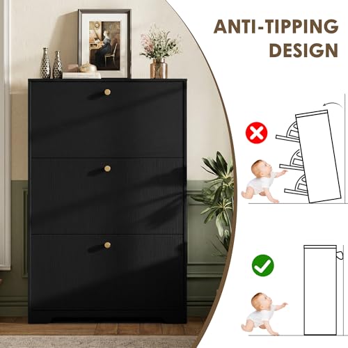 Nicetree Shoe Cabinet with 3 Flip Drawers, Narrow Shoe Organizer Cabinet, Freestanding Shoe Rack Cabinet, Modern Shoe Storage Cabinet for Entryway, Hallway, Foyer, Black - color: Black, style: 3-Drawers