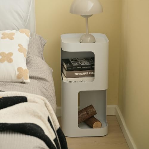 Modern Side Table, Small End Table for Small Spaces, Metal Nightstand with Storage Shelf, Space-Saving Bedside Table Accent Table Drink Tables for Living Room, Bedroom, No Assembly Required - color: White Trumpet