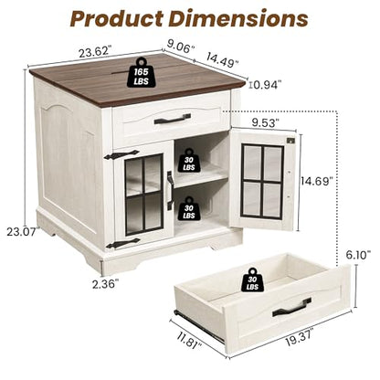 23.6" W Farmhouse End Table with Hidden Charging Station,Farmhouse Side Table with Drawer for Sofa Couch or Bedside, Rustic Nightstand with Storage for Living Room, Bedroom (Off White)
