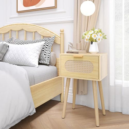 Nightstands Set of 2, Bedside Table with Rattan Door, Boho End Table with Solid Wood Legs for Bedroom, Living Room, Small Space Nightstands, Natural Color, HNS001N - color: Natural