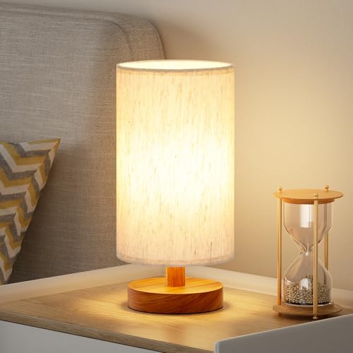 Fenmzee Small Table Lamp for Bedroom - Inline Control, Bedside Lamp with 3000K A15 LED Blub, Easy Assembly (Cream Shade - Walnut Base, 9" Inline Control) - color: Cream Shade - Walnut Base