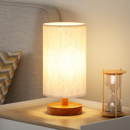Fenmzee Small Table Lamp for Bedroom - Inline Control, Bedside Lamp with 3000K A15 LED Blub, Easy Assembly (Cream Shade - Walnut Base, 9" Inline Control) - color: Cream Shade - Walnut Base