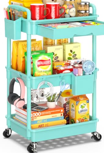 SUNALLY 3-Tier Rolling Cart with Drawer & Lockable Wheels, Bathroom Storage Organizer Multifunctional Rolling Storage Cart for Bathroom, Kitchen, Office, Craft, Makeup, Baby Essentials, Blue - color: Blue, size: 3 Tier