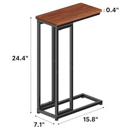 Ekisemio C-Shaped End Table, Slide Under Sofa Side Table with Metal Frame, Rustic Brown for Living Room