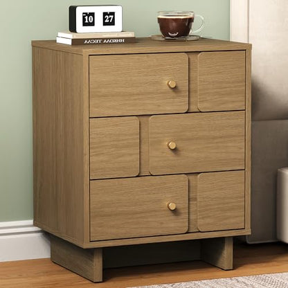 RoyalCraft 3 Drawer Nightstand, 19.69W x 15.35D x 24.80H Inch Wood Bedside Table with 110LBS Load Capacity, End Table Storage Cabinet for Bedroom, Study, Natural Oak Nightstand