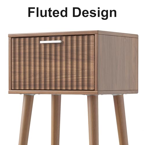 LAATOOREE Nightstands Set of 2, Small Fluted Side Table, Bedside Table with Solid Wood Feet; Modern Mid-Century End Table for Bedroom, Small Space - color: Rustic Brown, style: Fluted Style