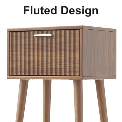 LAATOOREE Nightstands Set of 2, Small Fluted Side Table, Bedside Table with Solid Wood Feet; Modern Mid-Century End Table for Bedroom, Small Space - color: Rustic Brown, style: Fluted Style