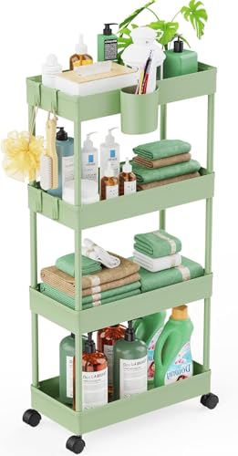 LEHOM Slim Rolling Storage Cart - 4 Tiers Bathroom Organizer Utility Cart Slide Out Storage Shelves Mobile Shelving Unit for Kitchen, Bedroom, Office, Laundry Room, Small Narrow Spaces（7.1" W+Green） - color: Light Bean Green, size: 7.1"W x 15"D x 36"H