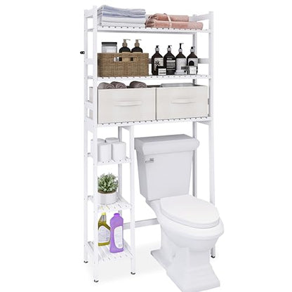 SMIBUY Over The Toilet Storage with Drawers, Large Bathroom Space Saver Organizer Rack, Freestanding Behind Toilet Stand with 6-Tier Shelf and Waterproof Feet Pad for Restroom, Laundry (White) - color: White