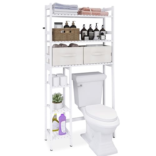 SMIBUY Over The Toilet Storage with Drawers, Large Bathroom Space Saver Organizer Rack, Freestanding Behind Toilet Stand with 6-Tier Shelf and Waterproof Feet Pad for Restroom, Laundry (White) - color: White