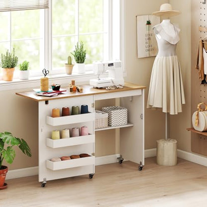 DREAMADE Folding Sewing Table with Storage, Craft Table w/Charging Station, 5 Lockable Wheels, Storage Bins & Shelf, Sewing Machine Desk for Home Office, Apartment, Studio (White & Natural) - color: White & Natural