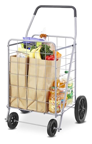 Whitmor Deluxe Utility Foldable Shopping Cart with Wheels, 100 Lb Capacity, Heavy Duty Grocery Cart with Steel Frame, Foam Handle, Rolling Folding Utility Trolley for Grocery, Laundry, Travel, Gray - size: 15.75"L x 17.75"W x 40.5"H, Gray