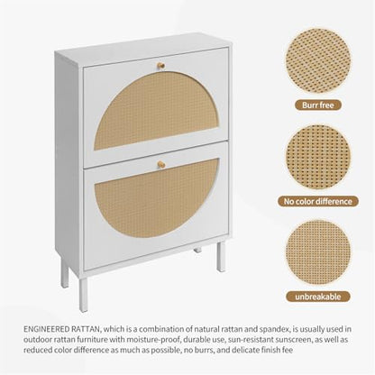 ZeHuoGe Rattan Shoe Cabinet with 2 Flip Drawers, Entrance Hallway Slim Entryway Organizer, White Rack Storage for Heels, Slippers - color: White, style: 2-Drawers