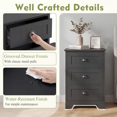 Giantex Nightstand with 3 Drawers, Bedside Table with Exquisite Metal Handles, Accent Table Sofa Side Table with Anti-toppling Device for Bedroom, Study, Black - color: Black