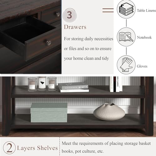 LKTART 48.8" Solid Wood Console Table for Entryway;Sofa Table with Storage | Distressed Black Real Wood Farmhouse Console Table with Drawers;Entry Way Table for Living Room,Foyer,Hallway;Easy Assembled - color: Black Espresso