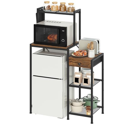 MAHANCRIS Mini Fridge Stand, Bakers Rack with Storage, 6-Tier Mini Fridge Cabinet, Coffee Bar Station with 1 Drawer, Microwave Stand for Kitchen, Dining Room, Rustic Brown and Black RSHR5401