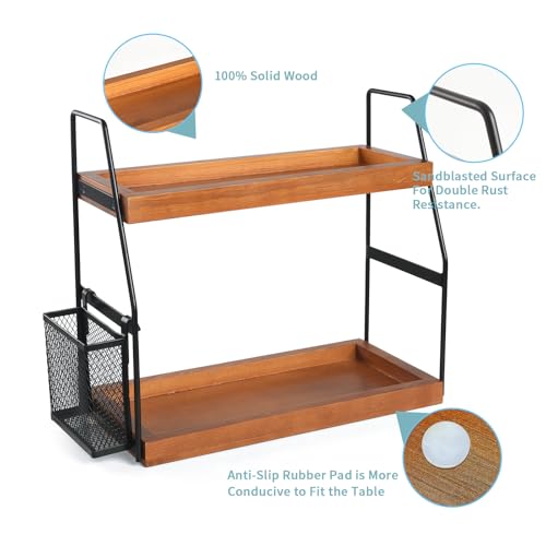 Bathroom Counter Organizer, 2-Tier Standing Storage Shelf with Basket, Wood Tray for Skincare Vanity Organizer(Brownish) - style: 2 Tier Brownish