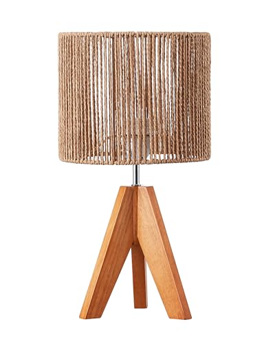 EDISHINE Small Rattan Table Lamp, Wood Tripod Bedside Lamp, Boho Nightstand Lamp for Living Room, End Table, Office, E26 Base, Natural Style - color: Rosewood Color&Vertical Stripe Shade