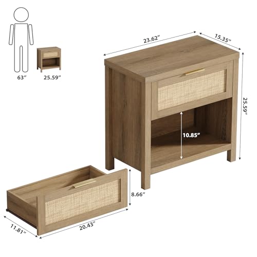 Eclatara Rattan Night Stands Set of 2, Boho Bedside Table with Drawer and Storage Shelf, Farmhouse Accent Nightstands Side Table for Bedroom Sofa Office (2, Reclaimed Caramel Oak) - color: Caramel Oak (Large 1 Drawer)