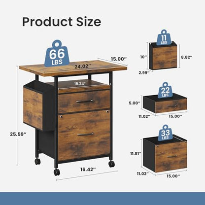 DUMOS 2 Drawer Mobile File Cabinet, Printer Stand with 24'' Wide Desktop | Fabric Drawer Cabinet Under Desk with Storage Side Bag,Rolling Printer Cart Not for Hanging Files for Home Office, Brown - color: Modern Brown