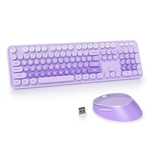 GTSP Colorful Purple Wireless Keyboard and Mouse Combo, Retro Typewriter Wireless Full-Size Cute Office Keyboard 2.4GHz with Round Keycaps for Desktop Laptop and PC (Cute Purple) - color: Cute Purple