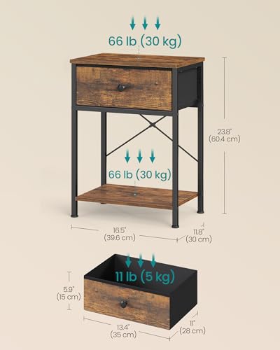 SONGMICS Bedside Table with Drawer, Nightstand with Lower Shelf | Side Table for Bedroom, Living Room, Set of 2, Rustic Brown, BELLAH Collection, ULGS111K101S - color: Rustic Brown, style: 1 Drawer-2Pc