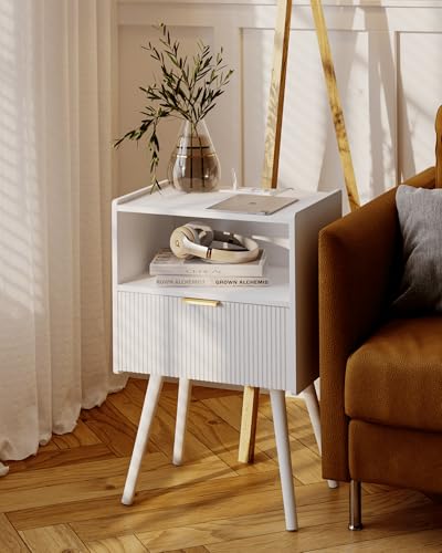 JOONEE White Nightstand with Outlet,Modern Bedside Table with Storage Drawer and Open Wood Shelf, for Living Room, Bedroom and Small Spaces, Accent Night Stand with Solid Wood Legs, Easy Assembly - color: White-outlet