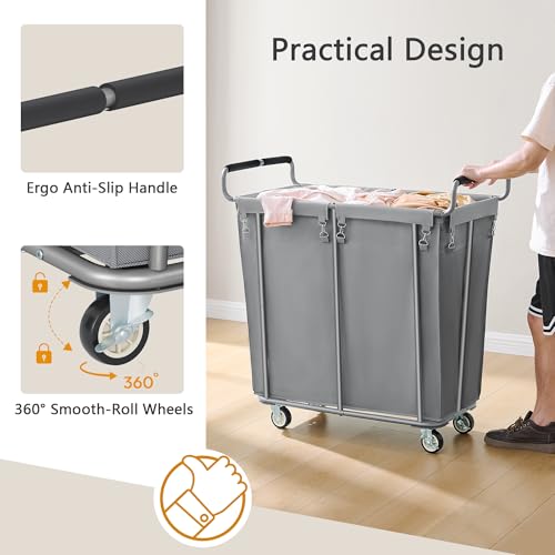 Gewudraw 360L Rolling Laundry Hamper with Wheels, 95 Gallons, Grey | Heavy Duty Extra Large Rolling Laundry Cart with Handle, Steel Frame, Waterproof Liner, Large Clothes Storage Basket - color: Grey, size: 1-Section-360L