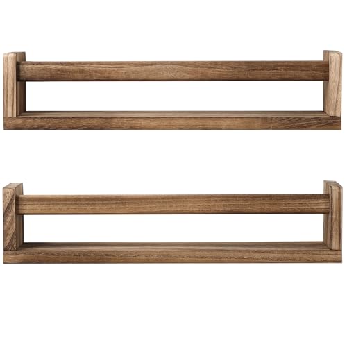 JORIKCHUO Nursery Book Shelves, Set of 2 Wood Floating Book Shelves for Kids Room, Kitchen Spice Rack, or Rustic Wall Mounted Shelves for Farmhouse Bathroom Décor (carbonized) - color: Carbonized Wood