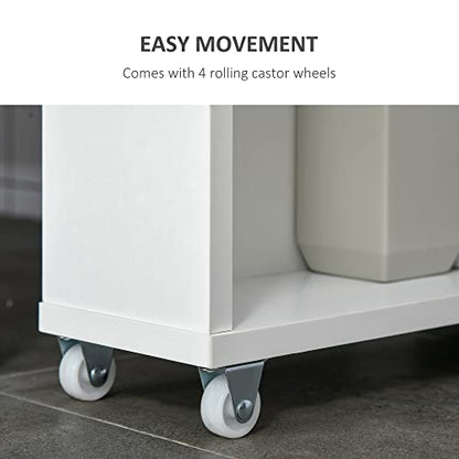 kleankin Slim Bathroom Cabinet with Castor Wheels Storage Organizer and Wood Shelves to Fit in Small Spaces, White