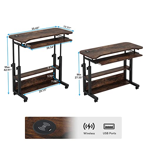 Tribesigns Portable Desk with Power Outlets, Height Adjustable Side Table Sofa Couch Bedside Laptop Computer Cart with USB Charging Ports, Mobile Small Standing Desk with Keyboard Tray - color: Brown