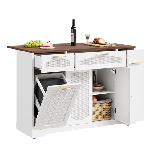 IDEALHOUSE 53.1" Rattan Kitchen Island with Storage, Rolling Dining Cart with Trash Storage Cabinet, Mobile Island Cart with Drop Leaf, Adjustable Shelves, Drawer, 5 Wheels (White) - color: White