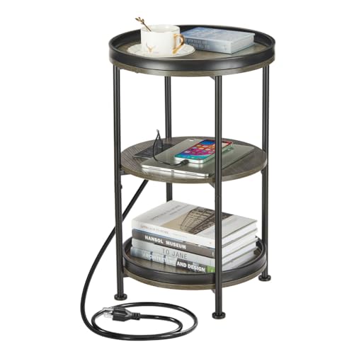 Dulcii Round Side Table with Charging Station, End Table with 3 Shelves for Living Room, Bedroom Nightstand with Steel Frame for Small Spaces, Industrial Round Sofa Table (USB+Grey) - color: Grey, style: With Outlets
