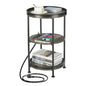Dulcii Round Side Table with Charging Station, End Table with 3 Shelves for Living Room, Bedroom Nightstand with Steel Frame for Small Spaces, Industrial Round Sofa Table (USB+Grey) - color: Grey, style: With Outlets