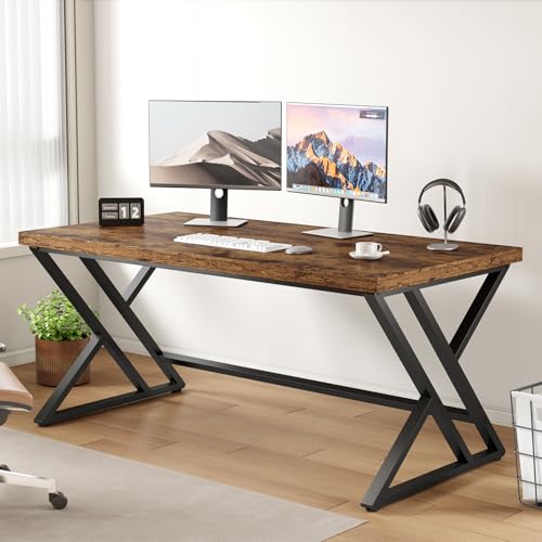 LVB Rustic Computer Desk, Metal Wood Home Office Desk, Industrial Simple Study Executive Desk for Writing Work, Wooden Student Gaming Computer PC Table with Storage for Bedroom, 55 Inch, Rustic Brown - color: Rustic Brown, size: 55 inch