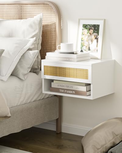 Small Modern Nightstand with Drawer, Floating Shelves for Bedroom, Bathroom (White Rattan) - color: White Rattan