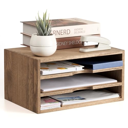 KIRIGEN Wooden Desktop Organizer, 3 Tier Solid Wood Letter Tray and Paper File Sorter for Desk, Freestanding Office Document Holder for Mail, Magazines, Folders, 13.78 x 9.45 x 7.08 in Brown 3KWJG-DBR - color: Dark Brown, size: 3 layer-0 drawers
