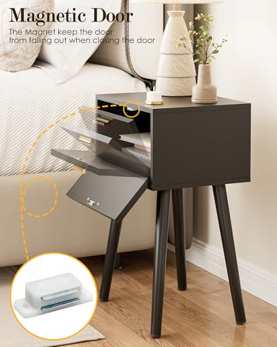 Night Stand Set 2, Black Nightstand with Fluted Doors, Small Modern Mid-Century Bedside Table for Bedroom, End Table for Living Room - color: Black