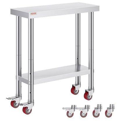 VEVOR Stainless Steel Work Table 30 x 12 x 34 Inch, 700 LBS Load Capacity with 4 Wheels, 3 Adjustable Height Levels, Heavy Duty Food Prep Worktable for Commercial Kitchen Restaurant, Silver - size: 30*12*34In, style: With Caster