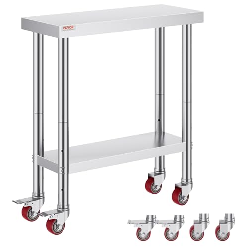 VEVOR Stainless Steel Work Table 30 x 12 x 34 Inch, 700 LBS Load Capacity with 4 Wheels, 3 Adjustable Height Levels, Heavy Duty Food Prep Worktable for Commercial Kitchen Restaurant, Silver - size: 30*12*34In, style: With Caster